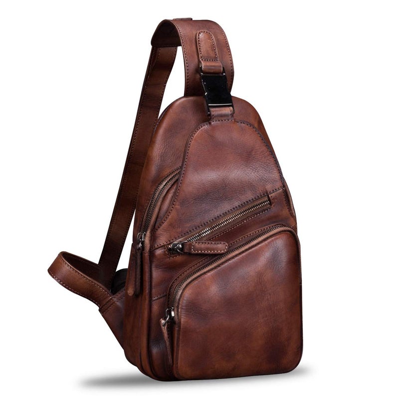 IVTG Genuine Leather Sling Bag Chest Shoulder Hiking Backpack Vintage Handmade Crossbody Daypack (Coffee) One_Size - Image 1